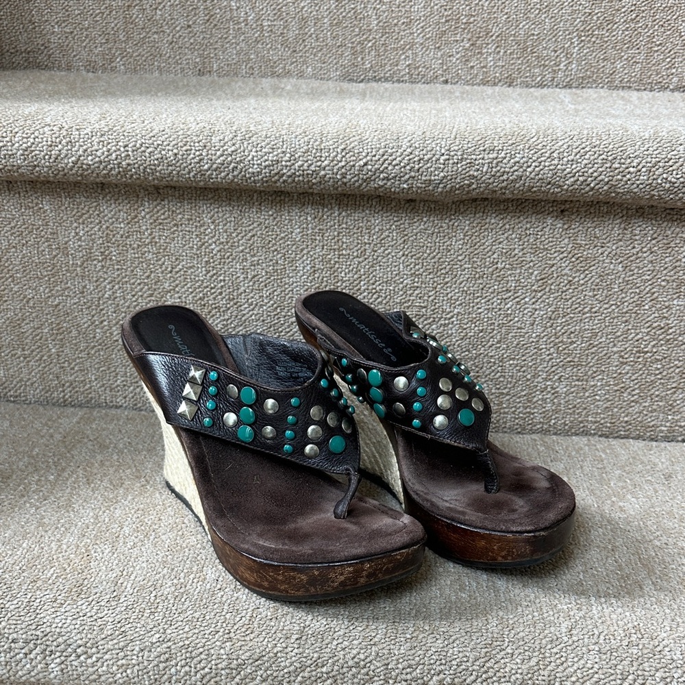 Matisse Brown and Turquoise Studded Wedges